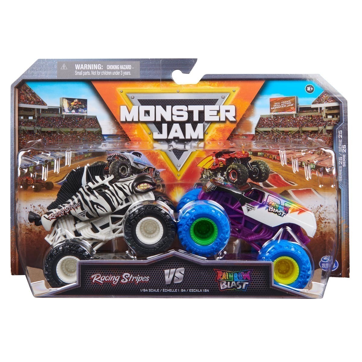 2 Carrinhos Racing Stripes Vs Rainbow Blast 1:64-Monster Jam