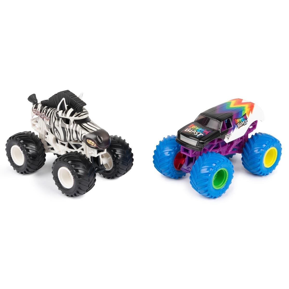 2 Carrinhos Racing Stripes Vs Rainbow Blast 1:64-Monster Jam
