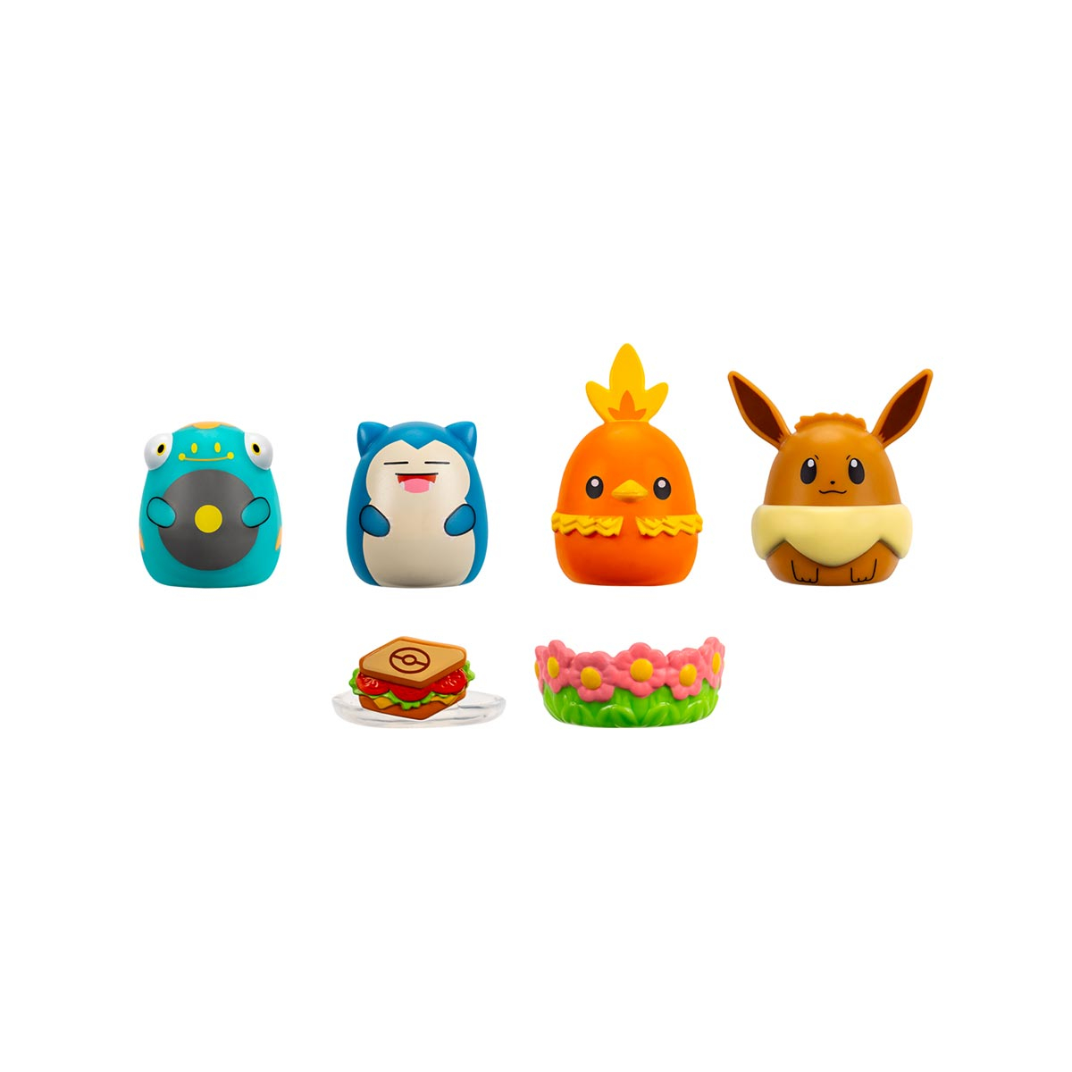 4 Bonecos Pokémon Eevee, Snorlax, Bellibolt e Torchic - Squish A Longs