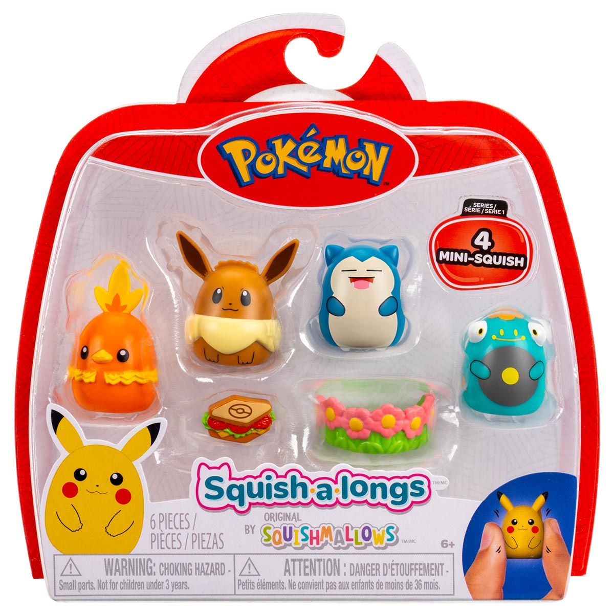 4 Bonecos Pokémon Eevee, Snorlax, Bellibolt e Torchic - Squish A Longs