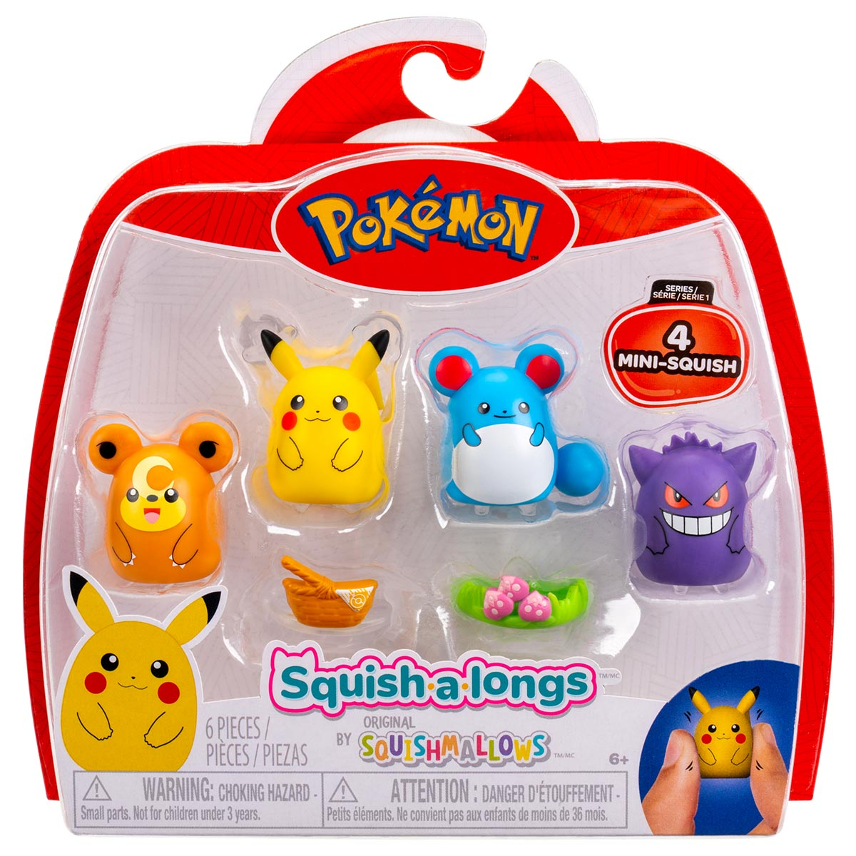 4 Bonecos Pokémon Pikachu, Gengar, Teddiursa e Maril - Squish A Longs