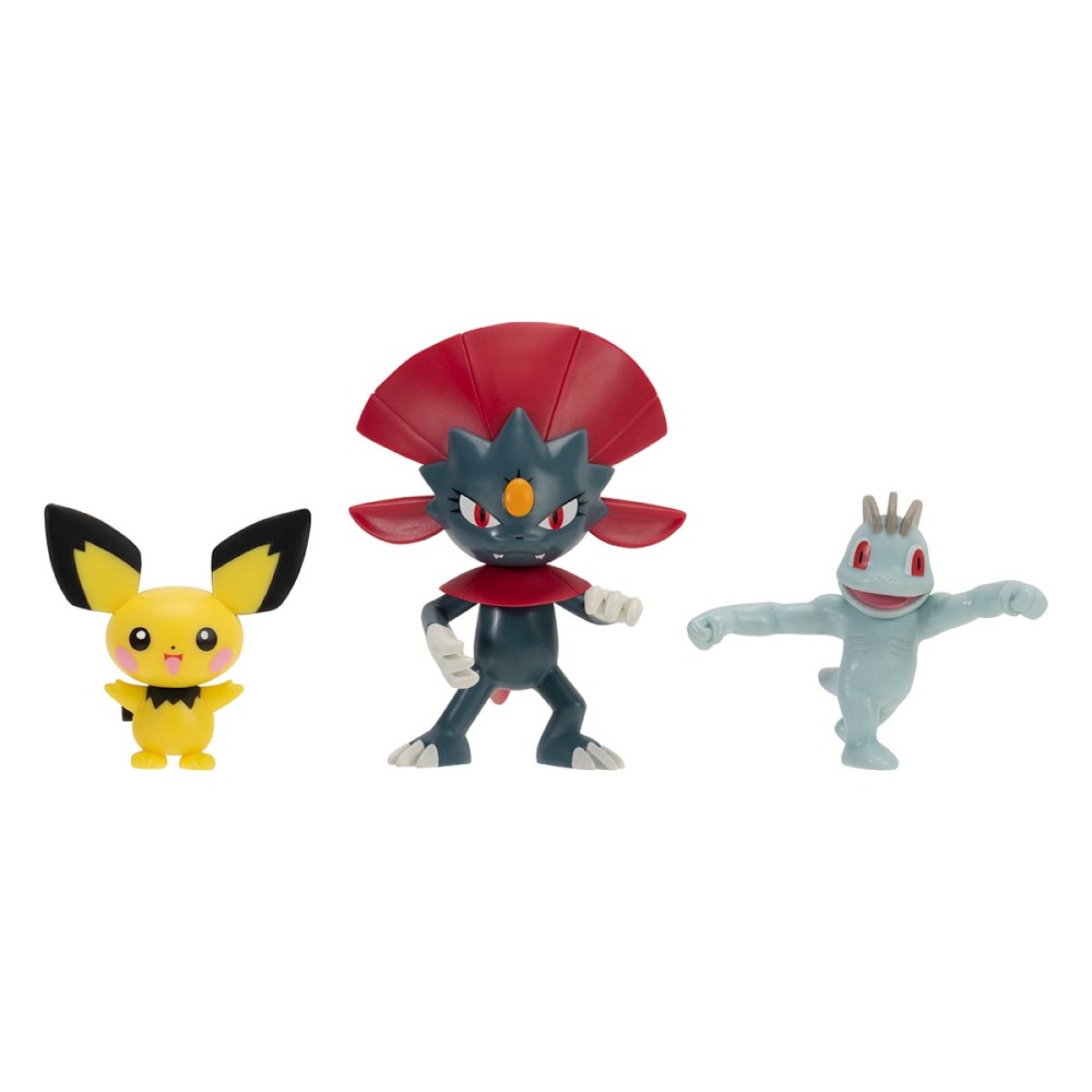 3 Bonecos Pichu, Weavile e Machop - Pokemon